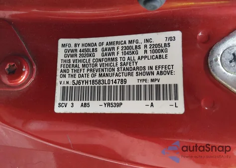 2003 Honda Element Ex z USA, uszkodzony, nr VIN 5J6YH18583L014789
